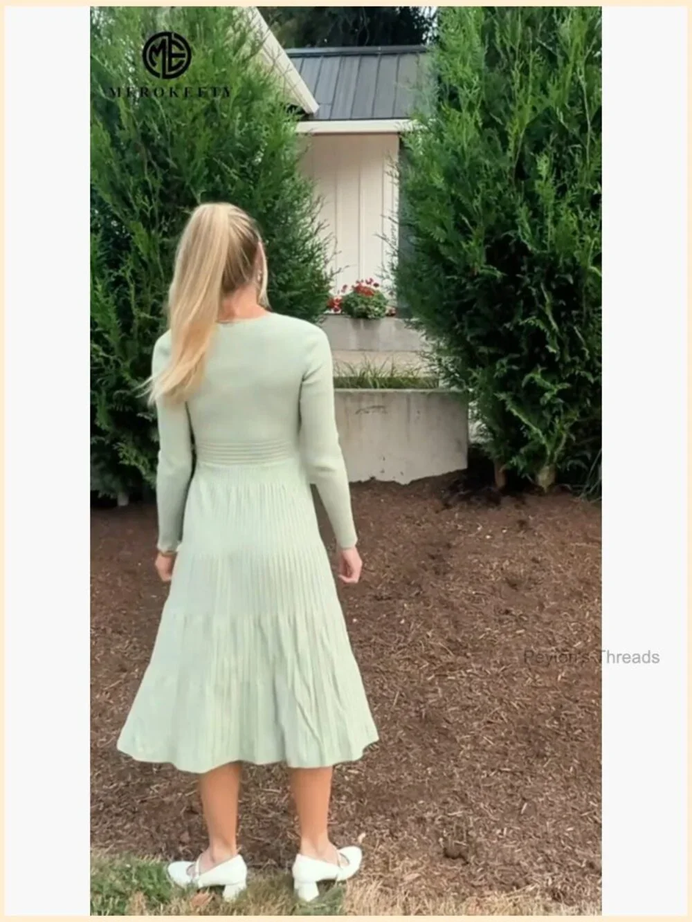 Square Neck Long Sleeve Pleated Knit Midi Dress - Picture 7 of 7